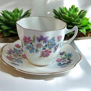 Vintage Crown Mark Bone China Tea Cup & Saucer Blue Floral Made In England